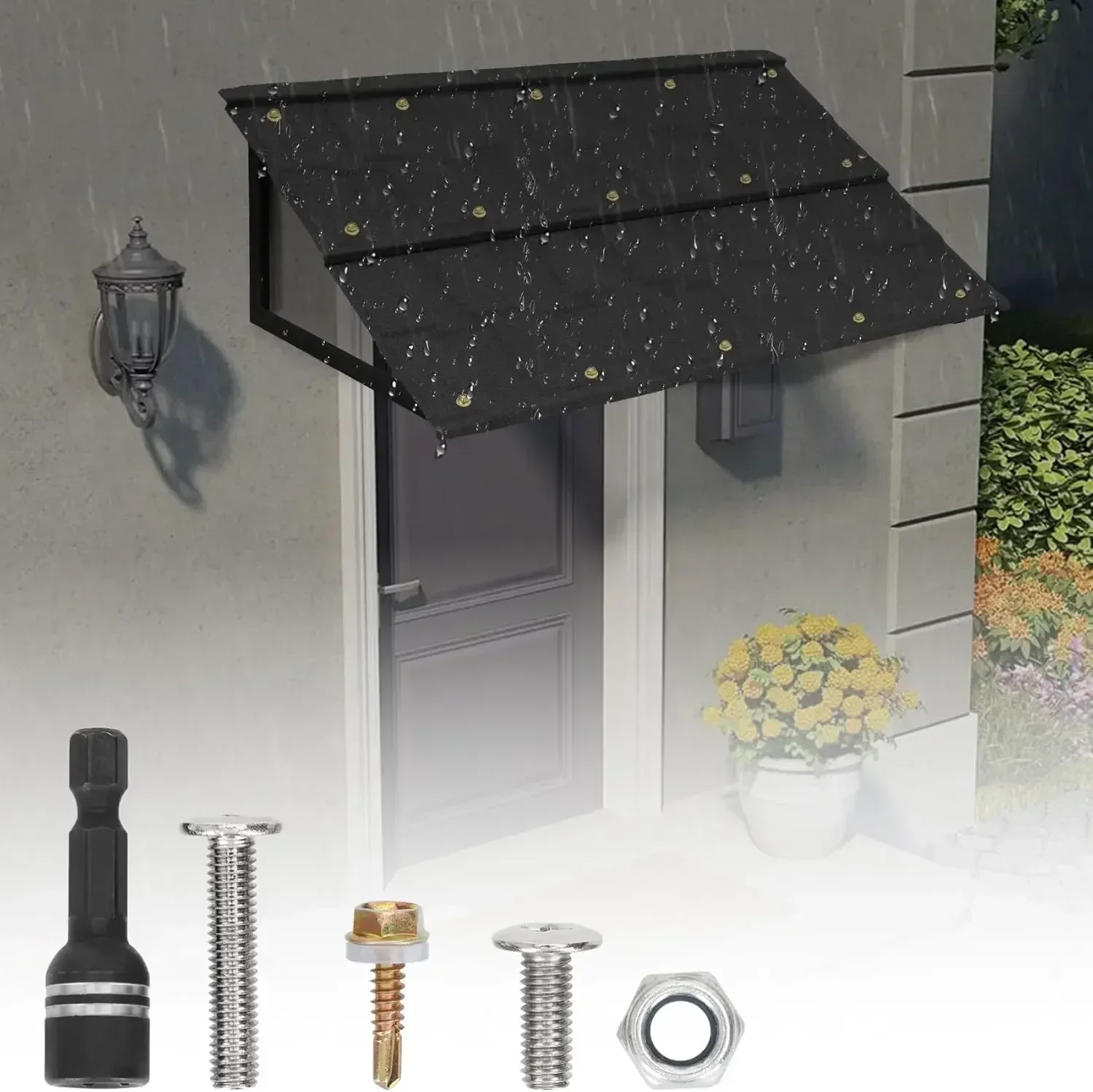 Fixed Metal Awnings 52in W x 31in H, Heavy-Duty Triangle Steel Frame with Tile-Design Metal Awning for Doors, Windows, Porches,