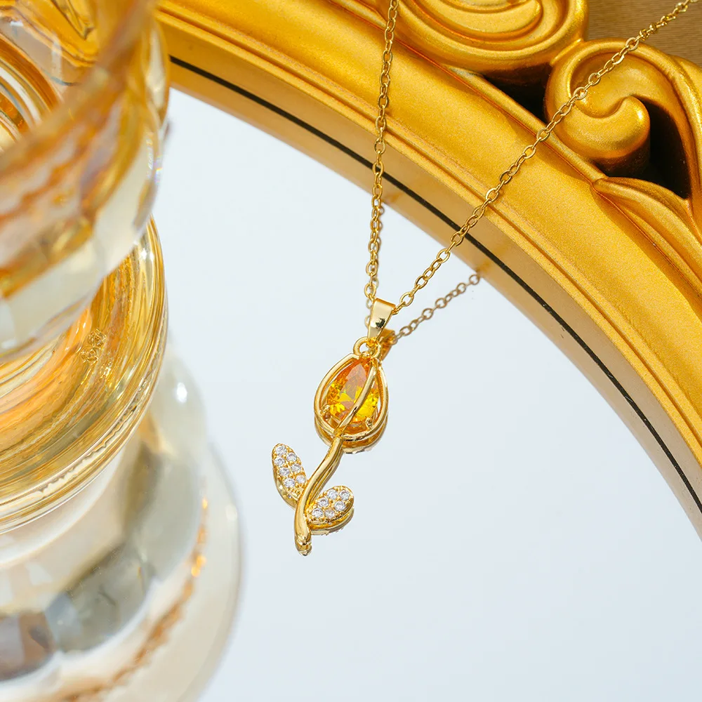 Colorful Zircon Tulip Flower Pendant Necklaces for Women Girls Stainless Steel Chain Trendy Romantic Jewelry Accessories Gifts