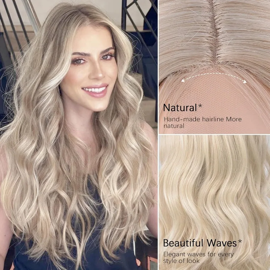 Long Ash Blonde Wavy Wig for Women 26 Inch Middle Part Curly Wavy Wig Natural Looking Synthetic Heat Resistant Fiber Wig for Da