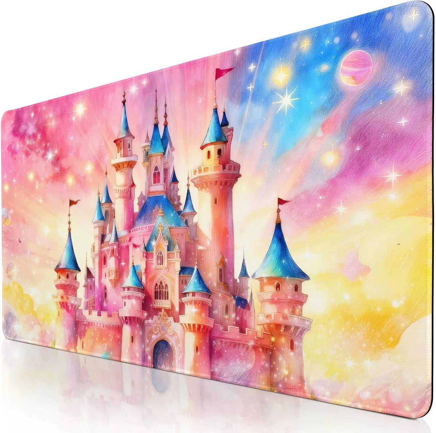 Fantasy Star Castle Gaming Desk Pad, Whimsical Pastel Fairytale Castle Design, Non‑Slip Mouse Mat For Laptop PC Home Office Use