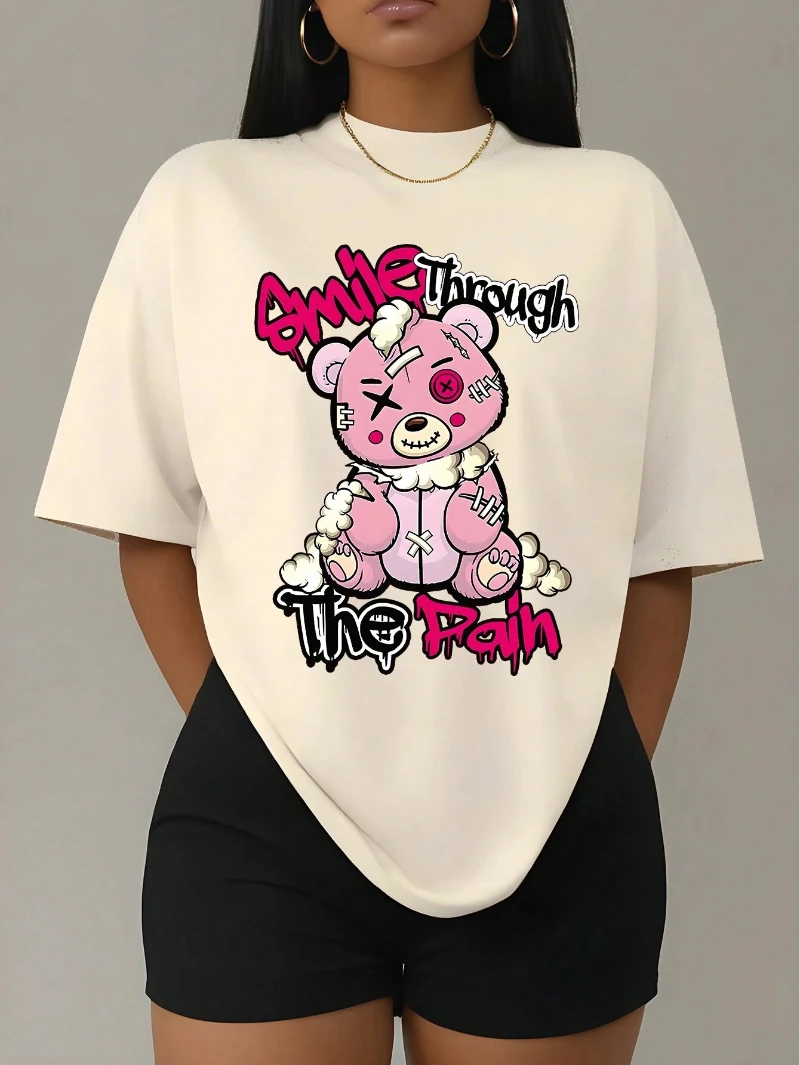 Smile Through The Pain Cartoon Bear Graphic Cotton T-shirt Women Loose Top Summer Short Sleeve Round Neck Classic Fashion Tee