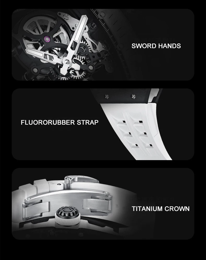 CRONUSART Orologio da uomo Tourbillon Tonneau Orologio da polso meccanico Cassa in fibra di carbonio Cinturino luminoso in gomma fluorurata Versione limitata