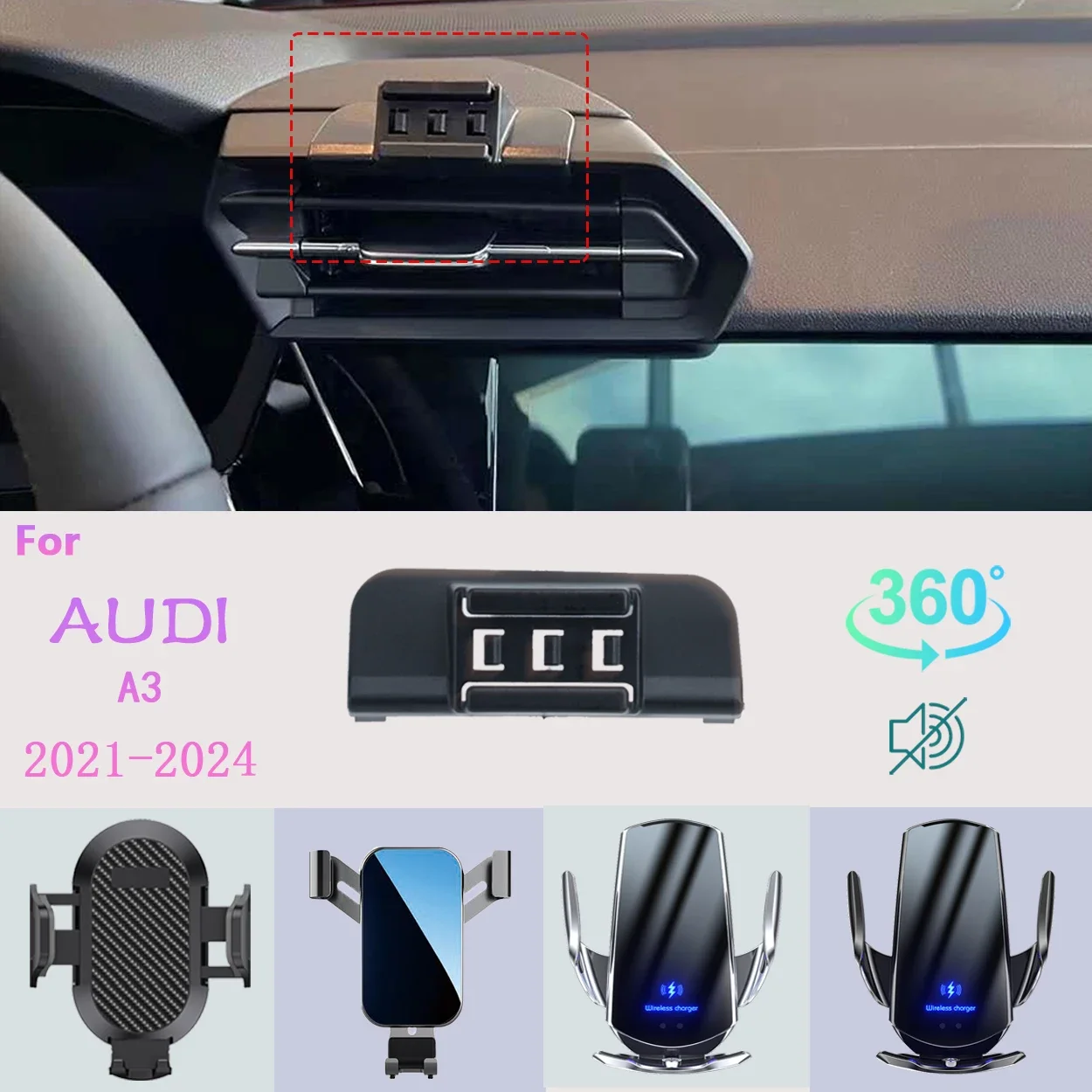 

Car Phone Holder For AUDI A3 2021 2022-2024 Mobile Phone Support Car Mounts Wireless Charging Car Accessories 360° degrees