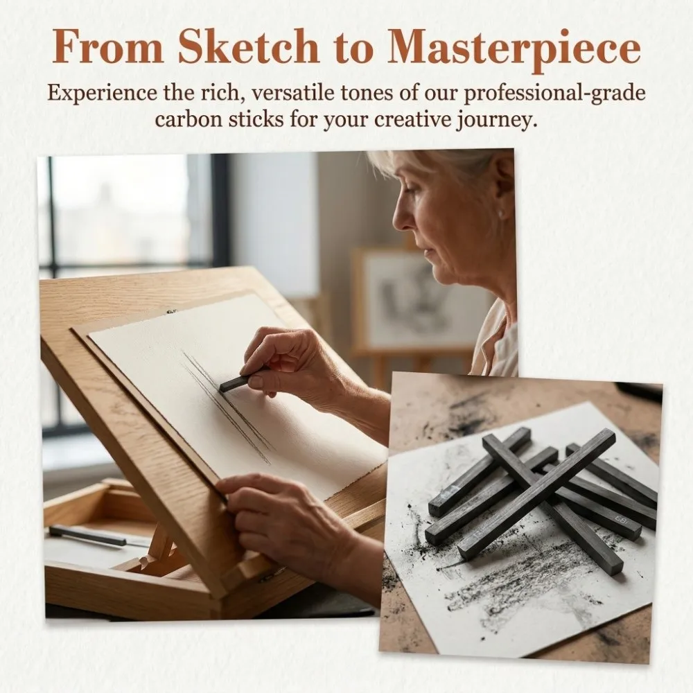 6PCS Square Shape Sketch Charcoal Sticks Break Resistant Pure Charcoal Square Charcoal Bars 2.48in Drawing Charcoal