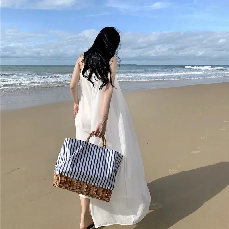 Elegant Chiffon Long Dress For Women Summer Mist White Sen Wu Dress Tank Top With Wide Hemline Sanya Sea Side Vacation Dress