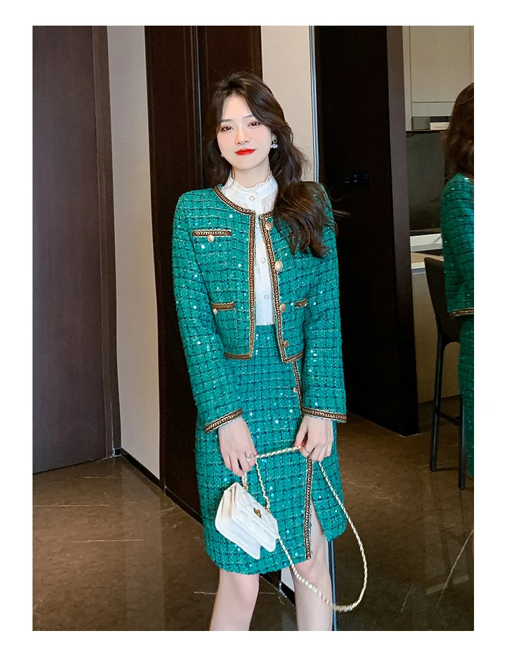 Women Elegant Tweed Plaid Suit Jacke Coat Top And Wrap Skirt Two Piece Set Green Outfit Winter Jacquard Formal Party Work Cloth