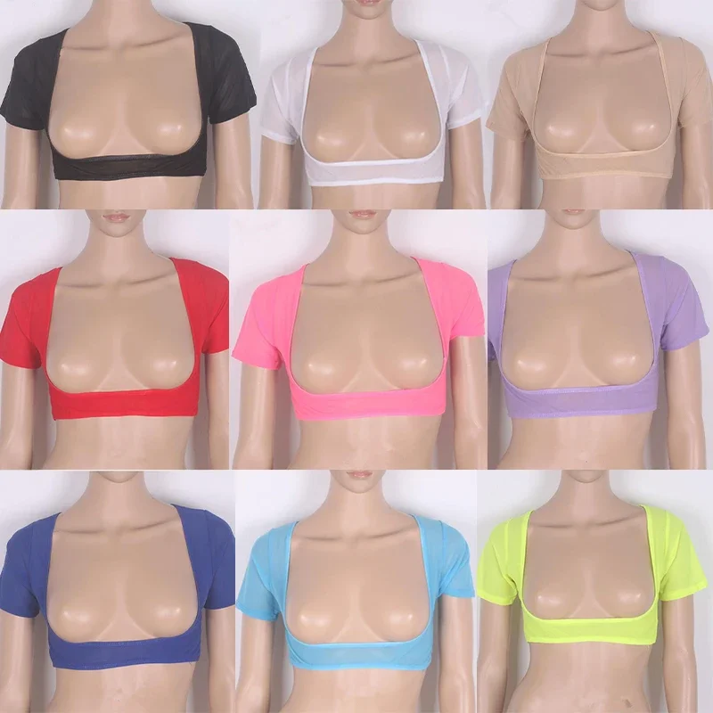 

Сексуальный женский сетчатый топ с открытым вырезом и коротким рукавом для танцев живота, однотонный, боди для танцев живота, нижнее белье