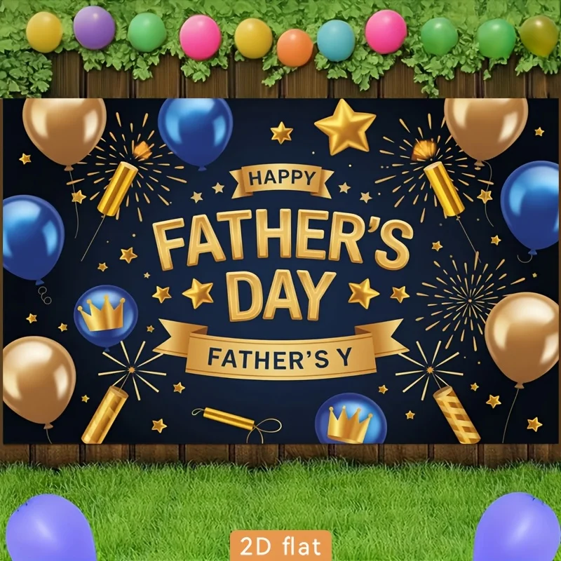 1Pc 2D Vinyl Father's Day Banner, Golden Balloon Firework Crown Star, Wall Decor for Home Garden Farm Club Holiday Party