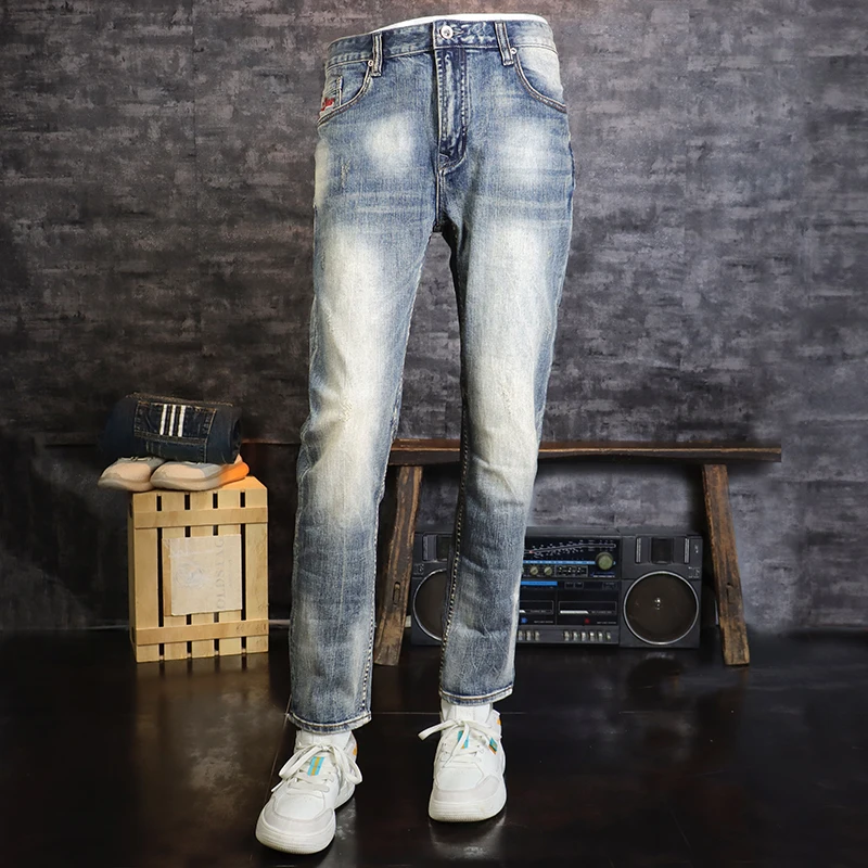 Newly Designer Fashion Men Jeans Retro Blue High Quality Elastic Slim Fit Ripped Jeans Men Vintage Casual Denim Pants Hombre