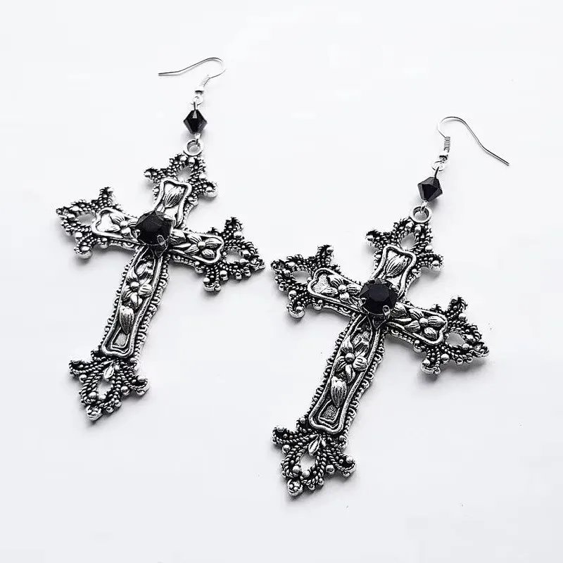 Goth Large Detailed Cross Black Drill Jewel Earrings Silver Color Gothic Punk Jewellery Fashion Gorgeous Statement Women Gift