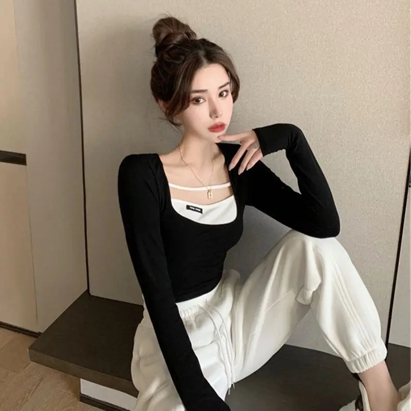 Fashion Fake Two Pieces Long Sleeve T-shirts Women Korean Style Corp Top Ins Hollow Out Slim Simple Trendy Chic Sexy New