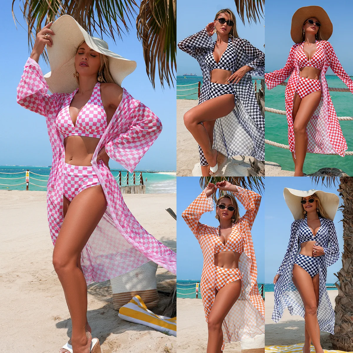 

Sexy Swimsuit for Women 3-Piece Bikini Set Crop Top High Waisted Bikinis Long Cardigan Beach Vacation Swimwear