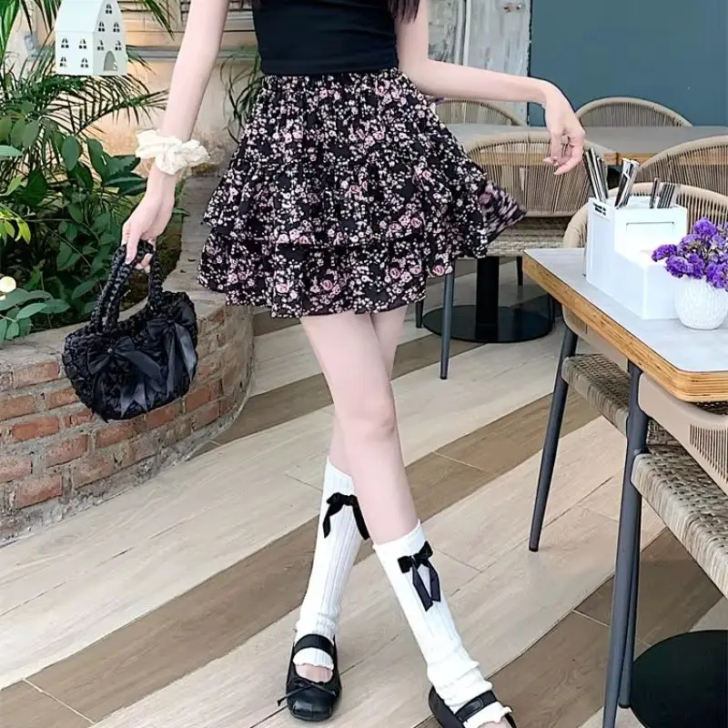 2025 Korean Style Floral Short Skirts Women Elastic Waist Loose A-line Fashion Office Lady Chiffon Skirt Female