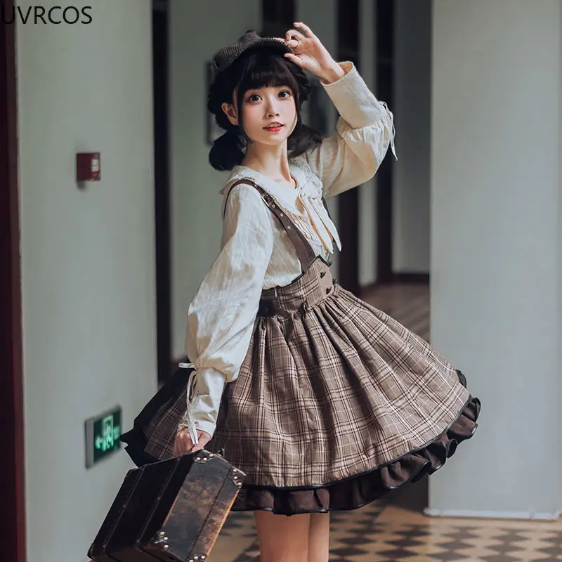 Spring Summer Japanese Gothic Lolita Jsk Dress Women Kawaii Ruffle Harajuku Brown Strap Dress Girls Punk Loli Tea Party Vestidos