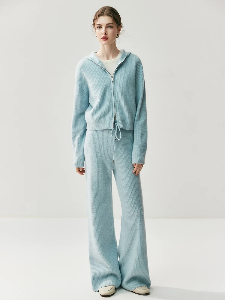 新しいシックなツーピースパンツカーディガンカシミヤセット高級シンプルな女性の秋冬フード付きジッパーセーター 100% カシミヤニットウェア