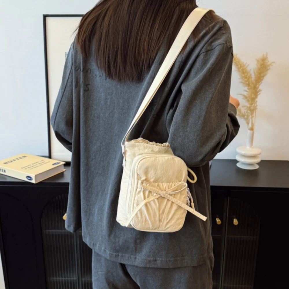Women Bow Fashion Nylon Pleated Shoulder Bag Adjustable Strap Korean Crossbody Bag Solid Color Phone Bag Purses Female Handbag