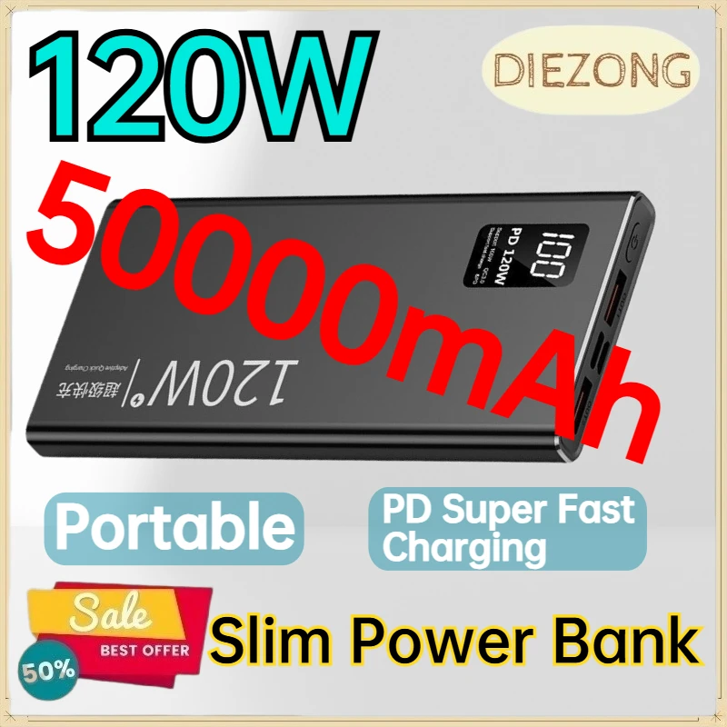 120W 50000mAh Slim Power Bank for IPhone Android Phone 3C PD Super Fast Charging Portable Mobile Phone Power Bank