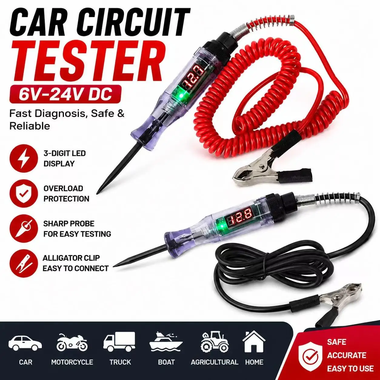 High Quality Auto Circuit Tester Truck Voltage Tester Circuit DC 6V 12V 24V Auto Circuit Tester Auto Diagnostic Probe Test Pen