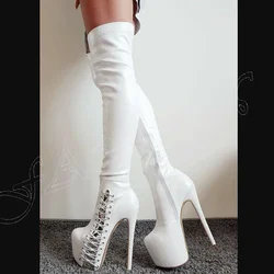 White Hollow Lace up Boots Over the Knee Cross Tied Round Toe High Heel Shoes for Women High Heels Black Zapatos Para Mujere