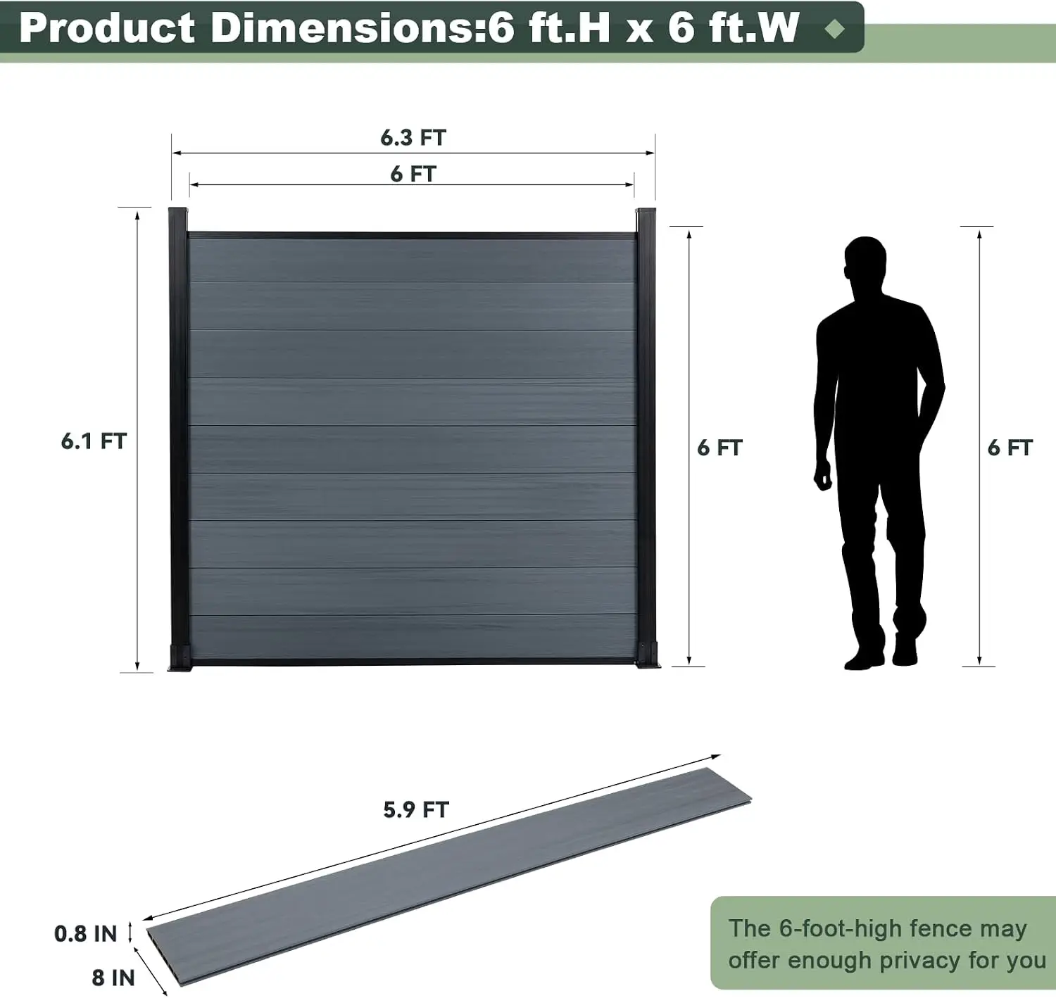 Privacy Fence Panels for Outside,6ft(W) x 6ft(H) Outdoor Privacy Panels with 1 Post,Wind Resistant Wood Plastic Composite Fencin