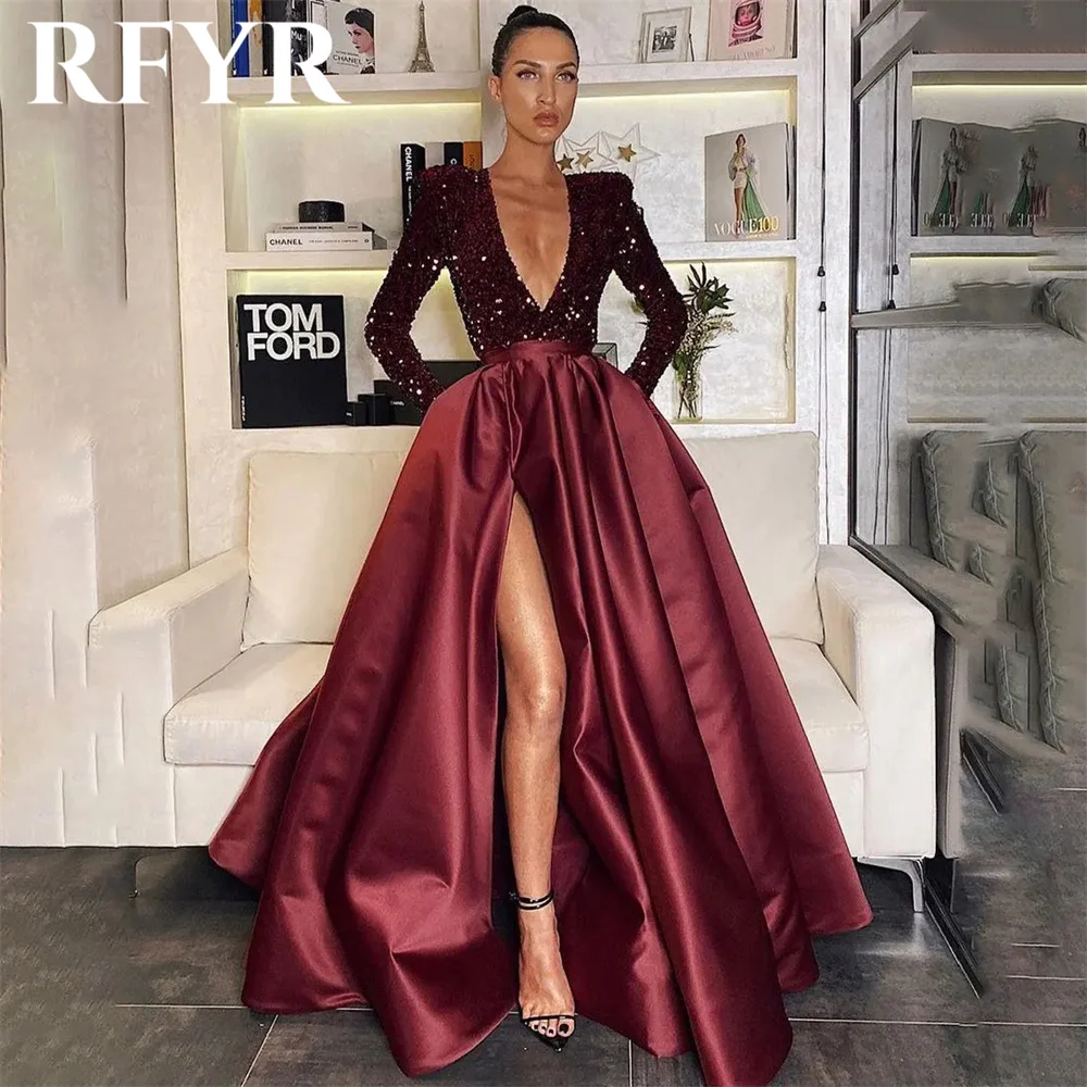 RFYR Blue Sexy Formal Dresses V-Neck Party Dress For Wedding Stain Pleats Special Occasion Dresses with Side Split robe soirée