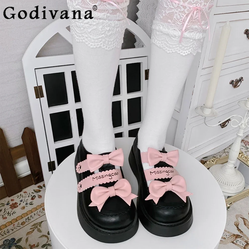 

Sweet Bow Cute Casual Shoes JK Uniform High Heels Platform Shoe Black Low Heel Summer Heels