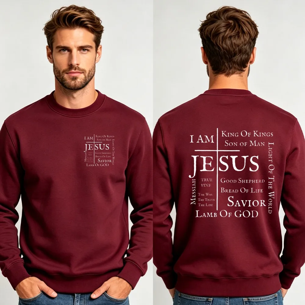 Men Double Sided Print Crewneck Sweatshirt I Am Jesus King of Kings Cross Bible Verse Faith Loose Long Sleeve Pullover Sweat Top