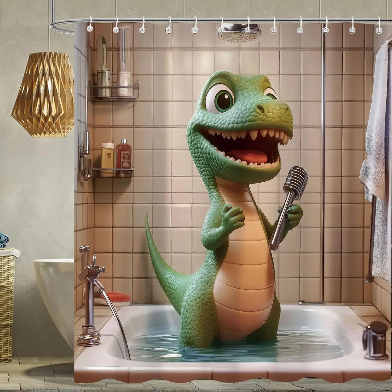 Funny Dinosaur Shower Curtain, Whimsical Cartoon Dino Singing in Bathtub and Take a Bath Design Bath Curtains for Bathroom
