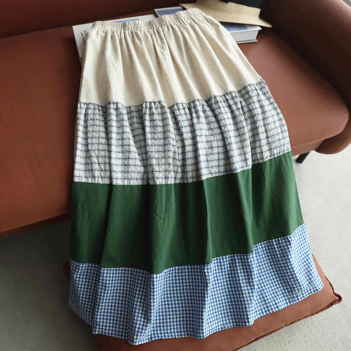 Japanese Vintage Mori Girl Floral Printed Patchwork Cotton Skirts Women Summer Elastic Waist Casual Loose A-Line Midi Skirts