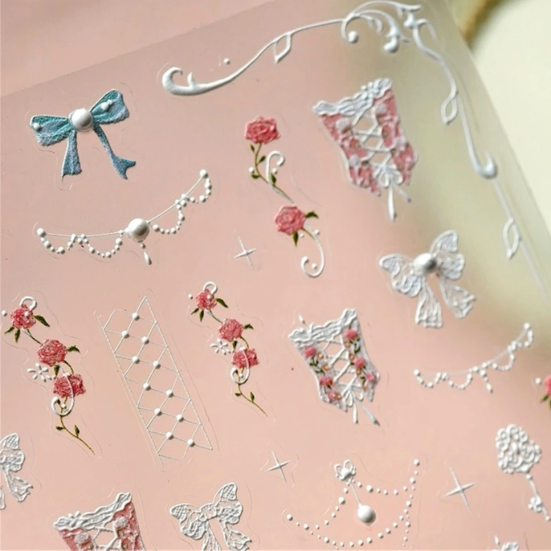 Retro Lace Corset Laced Bodice Wrap Top British Classical Dress Bowknot Rose Star Key Adhesive Nail Art Sticker Manicure Decals