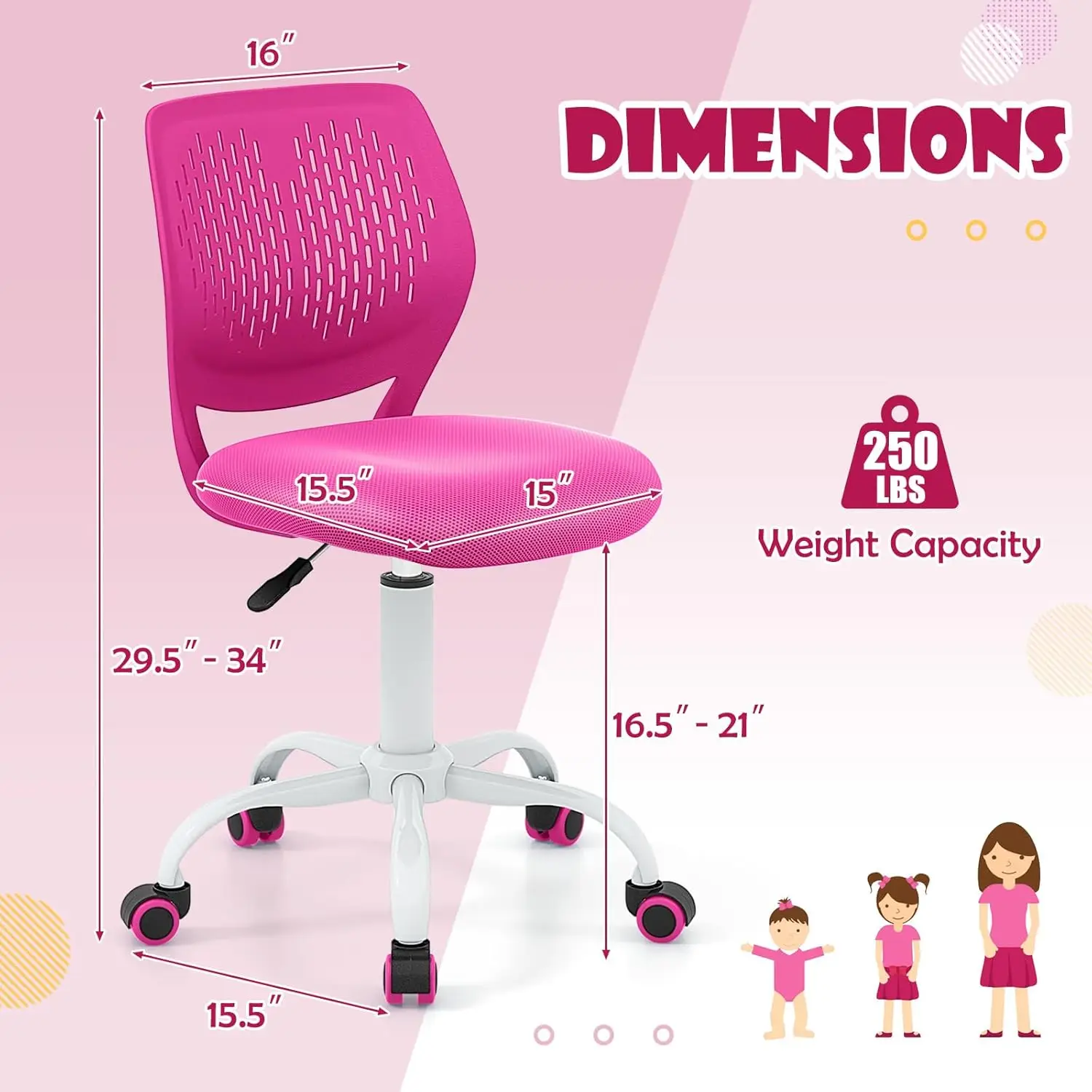 

Luarane Kids Desk Chair, Adjustable Swivel Chair For Children, Armless Mesh Task Study Chair With Lumbar Support, Adjustable