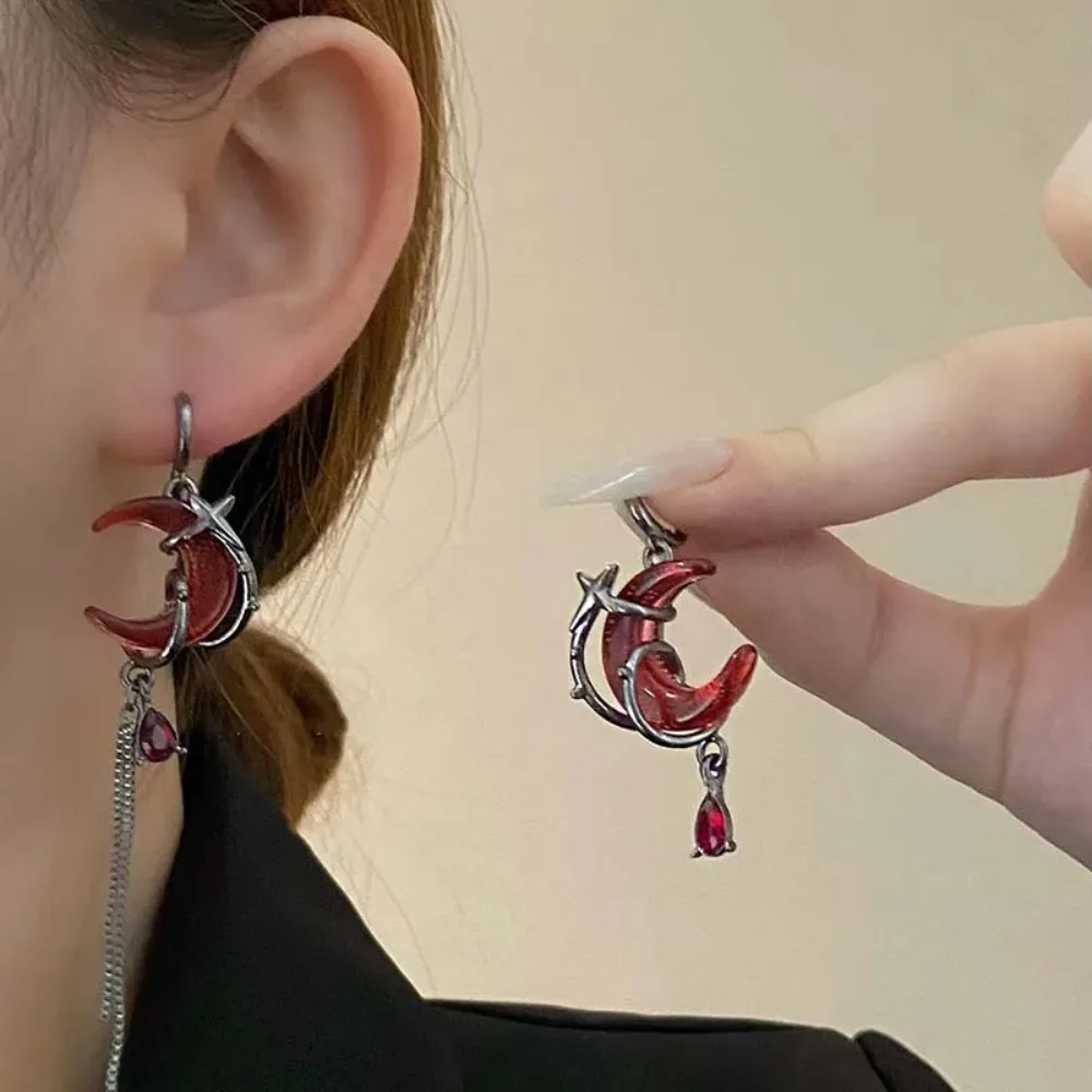 Asymmetry Red Moon Rose Earrings Women European American Style Personality Crystal Drop Pendant Earrings image 2