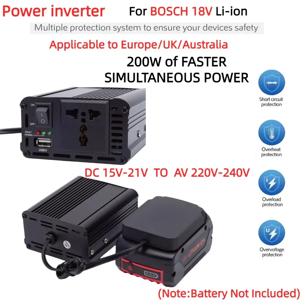 Adaptador de tomada de inversor de energia portátil 200W para íon de lítio BOSCH 18V, DC 18V para AC 220V alimentado com USB 5V 2.4A