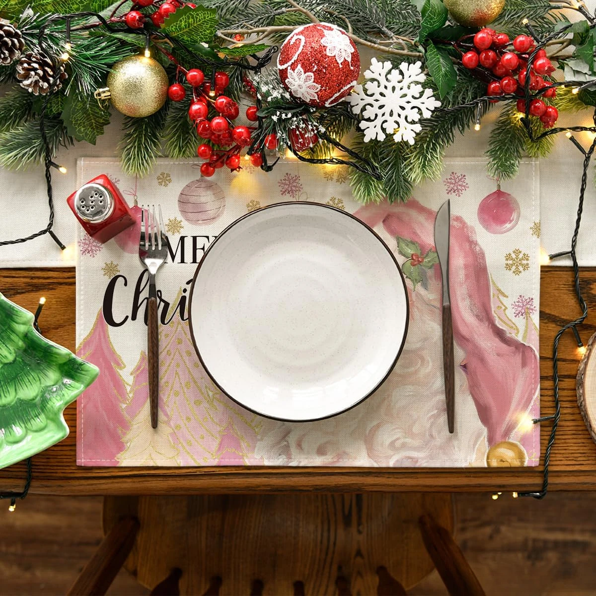 Pink Santa Claus Balls Snowflake Merry Christmas Placemats Set of 4 12x18 Inch Winter Table Mats for Party Kitchen Dining Decor