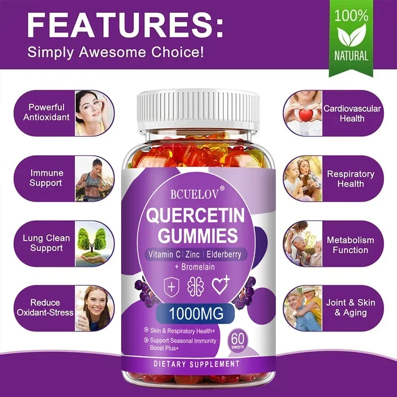 Quercetin Gummies - Vitamin C, Zinc, Elderberry, Bromelain - for Skin, Joint, Immune, Heart and Respiratory Health, Anti-Aging