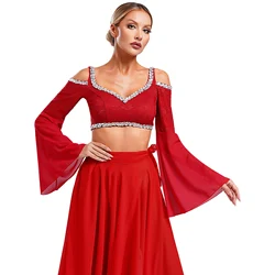 Women's Glittery Sequins Trim Belly Dance Top Costume Hollow Out Long Sleeve Shirt for Lady Lyric Modern Jazz Dance Performance