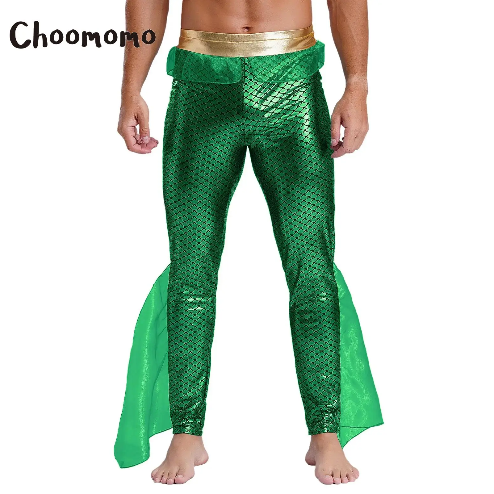 Fantasia masculina de rei sereia, halloween, merman, peixe, estampa, leggings, calças com barbatanas, deus do mar, cosplay, festa, vestir-se