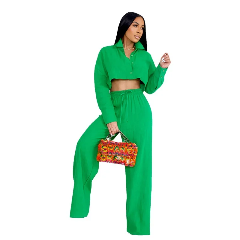 

2 Piece Set African Clothes Women Crop Top Shirt Wide Leg Pant Suit Summer New Fashion Solid Streetwear African Outfits Clothing