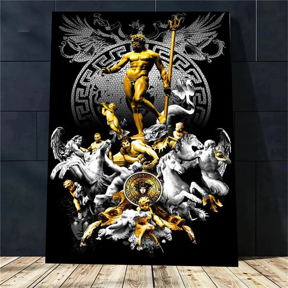 Playing Cards King Luxury Golden Statue Myth Sculpture Art Canvas Painting Poster and Prints Pictures for Room Home Wall Decor