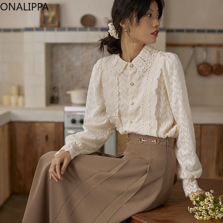 Onalippa Solid Hook Flower Lace Shirts Women Peter Pan Collar Single Breasted Bottoming Blouse Korean Puff Long Sleeves Tops