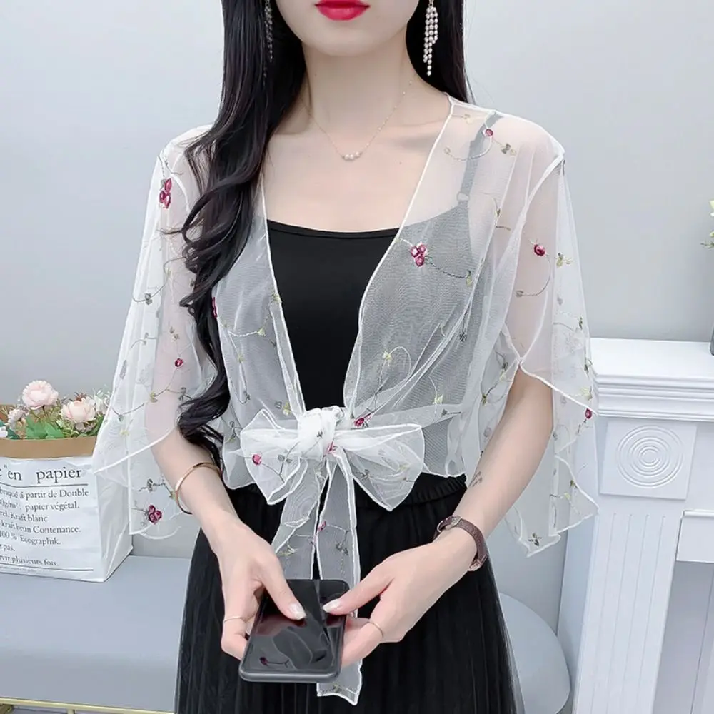 Embroidery Chiffon Small Shawl Jacket Flower Transparent Chiffon Cardigan Shirt Ultra-thin Sunscreen