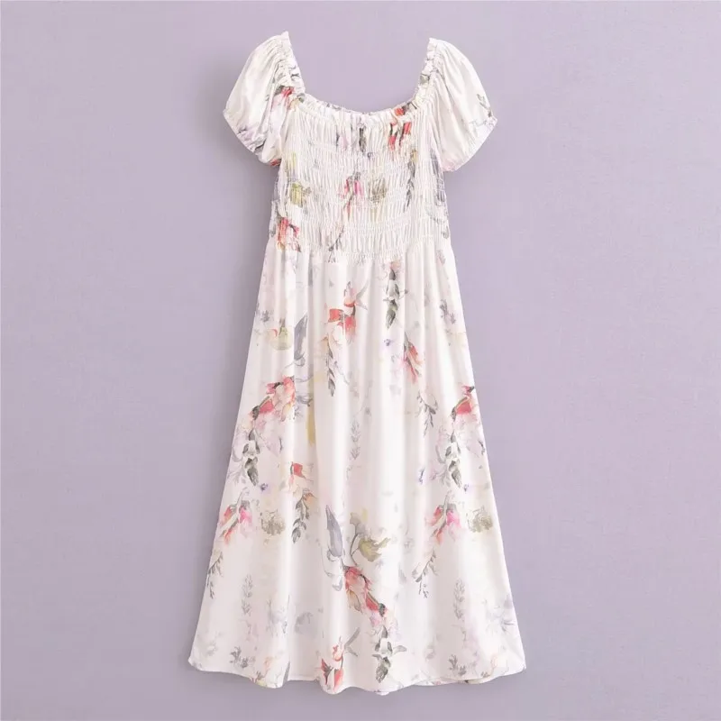 Cotton print Lasongjiang one shoulder short sleeved dress For Women Backless Summer Chinese delicate Style Skirt