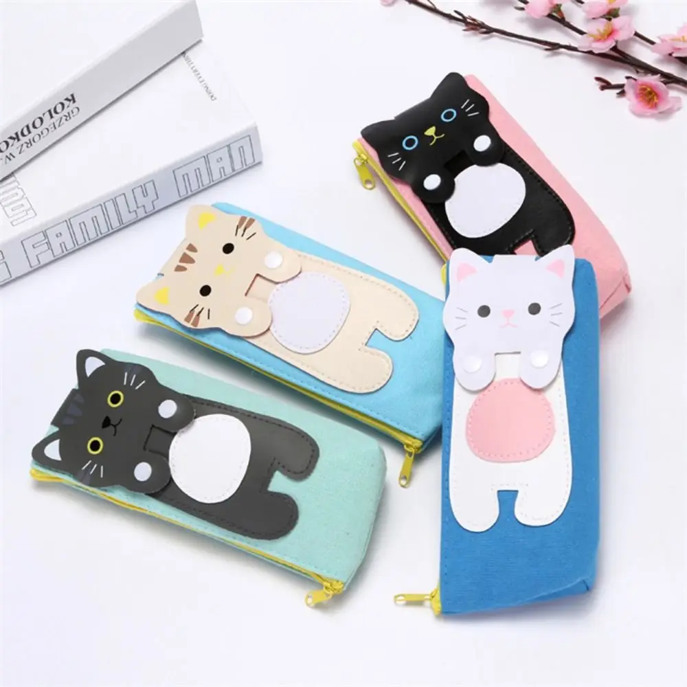 Estuche creativo de gran capacidad para lápices de gato, bolsa para bolígrafos de dibujos animados Kawaii, bolsa con cremallera, bolsa de papelería escolar de lona para estudiantes