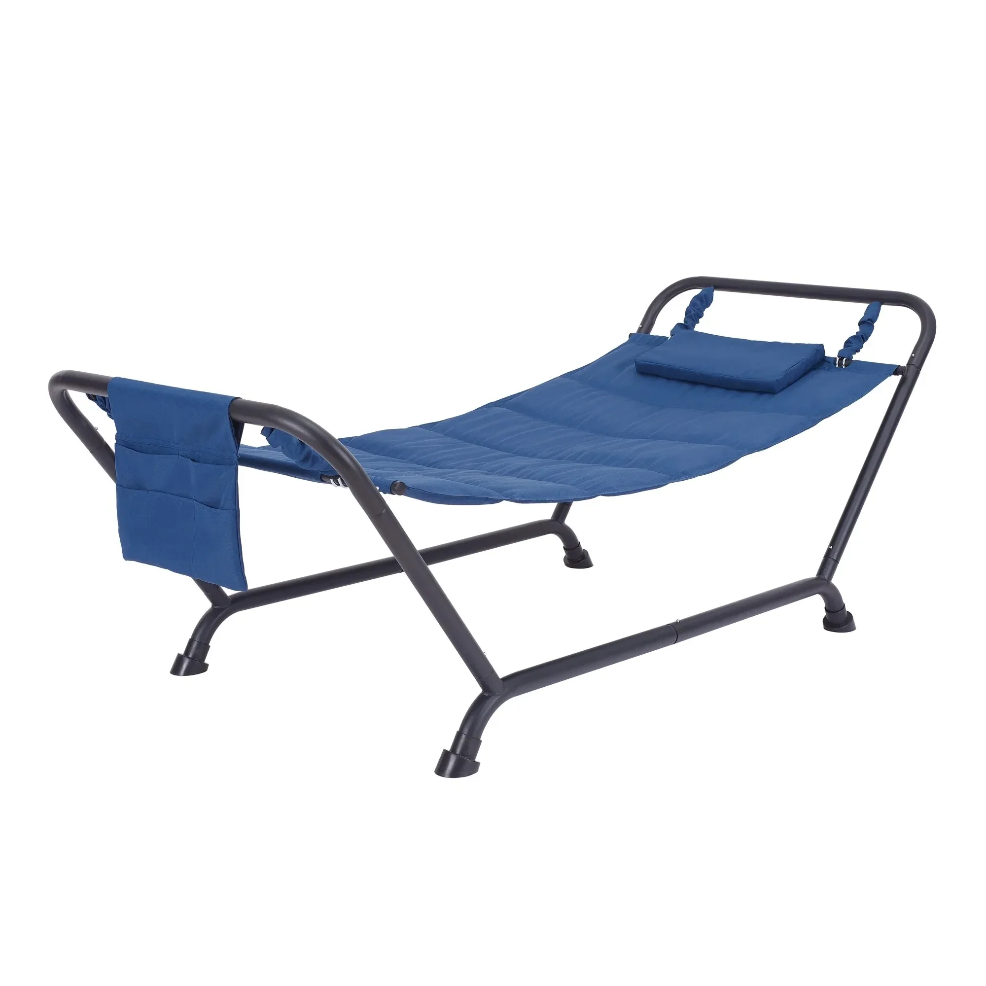 

Polyester hammock with stand and pillow, featuring a hanging pocket for carrying favorite reading material and other belongings