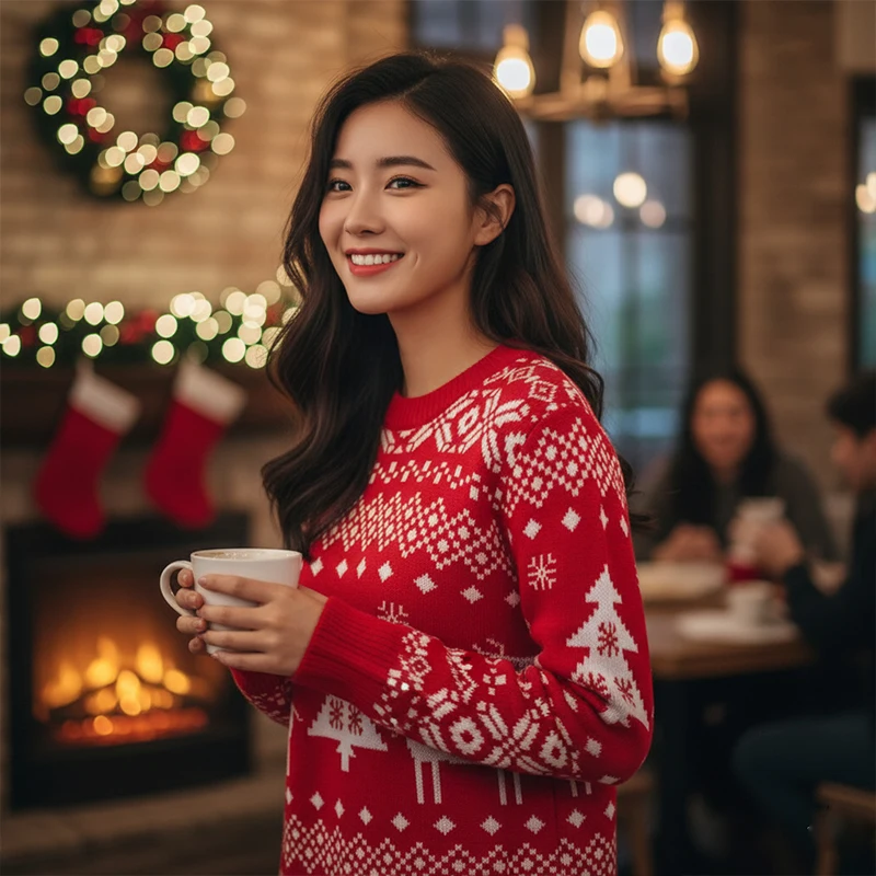 Vrouwen Mode Jurken Casual Losse Warme Zachte Y2k Herfst Winter Lange Mouw Jurk Rode Trui Elegante Kerst Print Jurk Nieuw