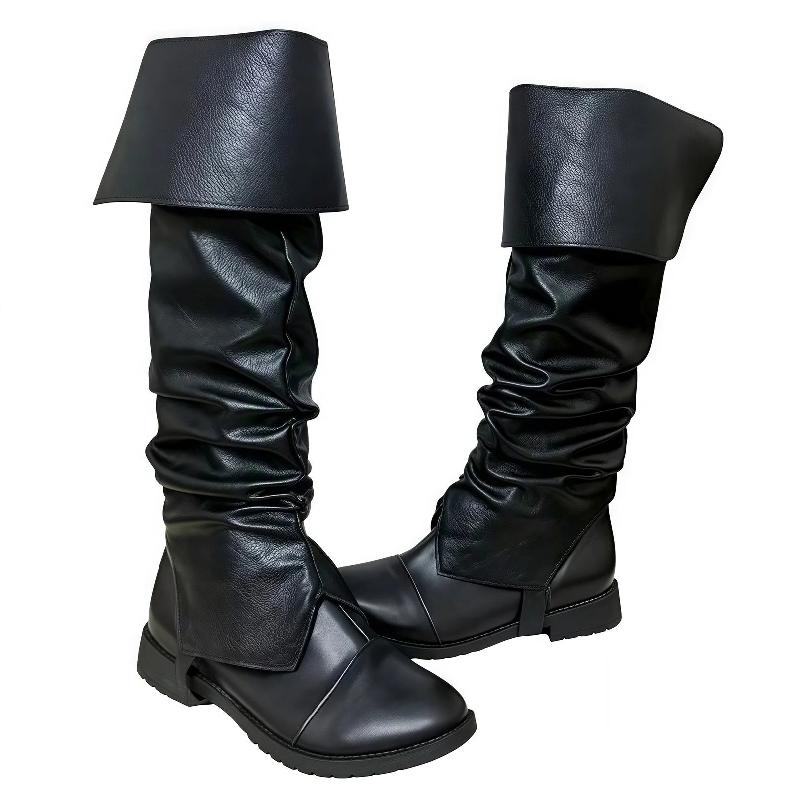 Medieval Pirate Boot Covers Adult Mens Womens Viking Leg Covers Pleated Black Leather Gothic Boots cover Halloween Accessories