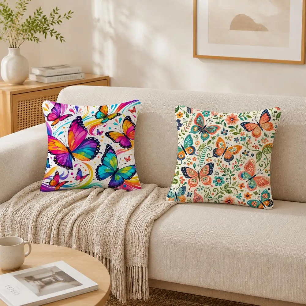 Colorful Butterflies Cushion Cover Double-Sided Plush Sofa Cushion Covers Organic Breathable Invisible Zipper