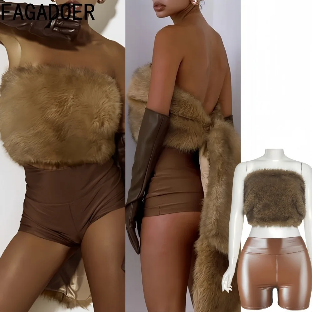 

FAGADOER Winter New Sexy Fur Patchwork 2 Pieces Set for Woman Outfits Sleeveless Backless Crop Top and Shorts Female Streetwear
