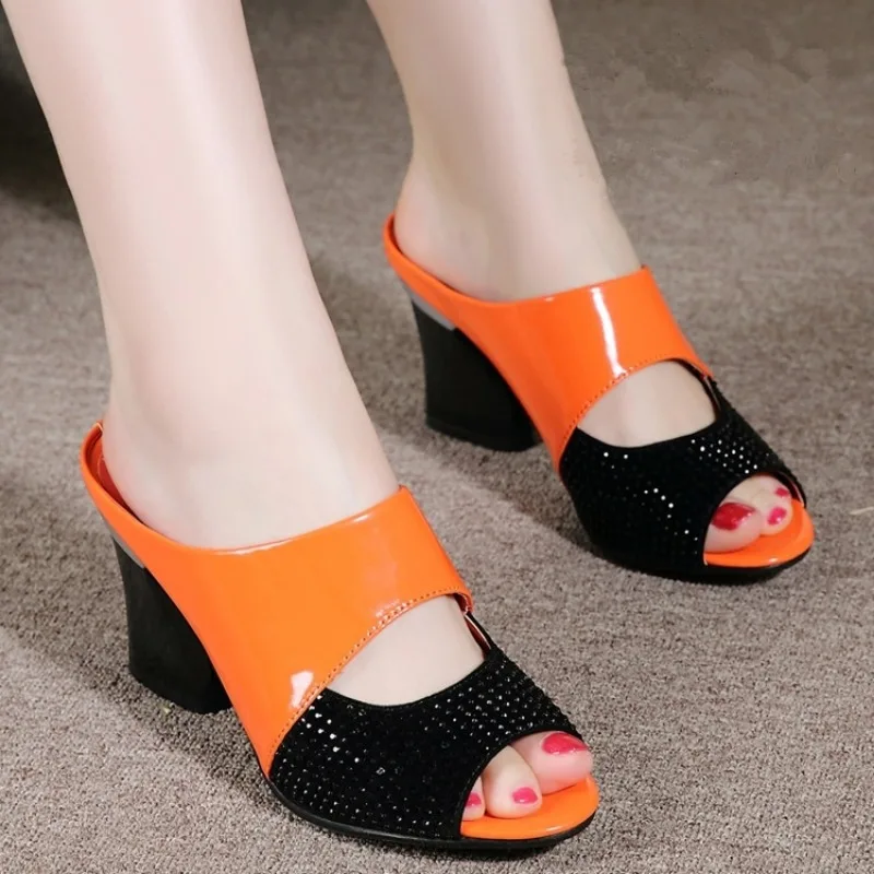 Women's Slippers and Ladies Sandals Round Toe Fish Shoes Heeled Crystals Slides Jewels Rhenstone Leather Clappers Eva Shoe 39