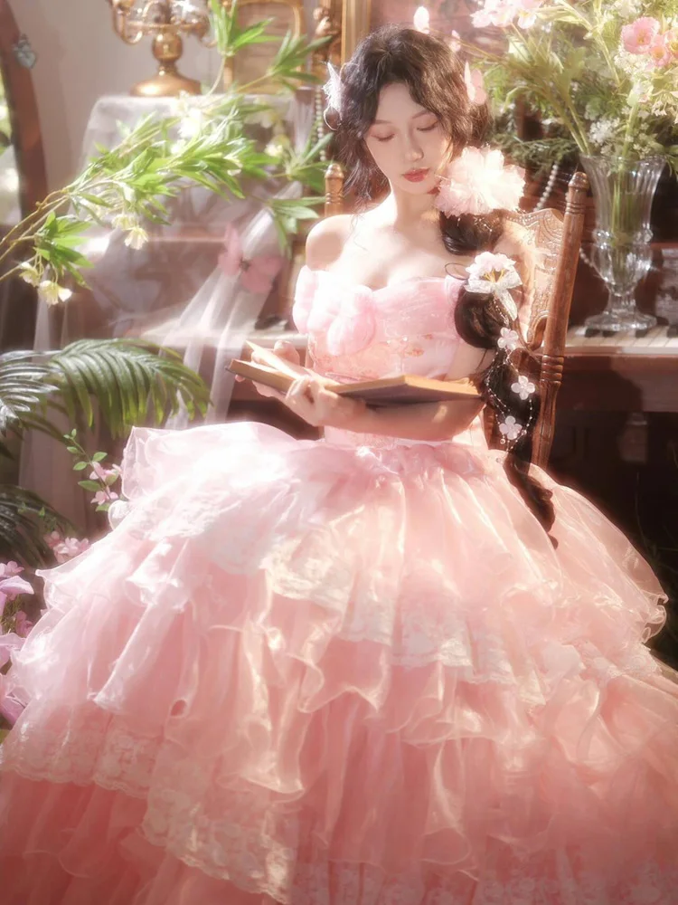 Pink Princess Style One Shoulder Wedding Dress Romantic Flower Skirt Evening Gown Photography Studio Theme Clothing